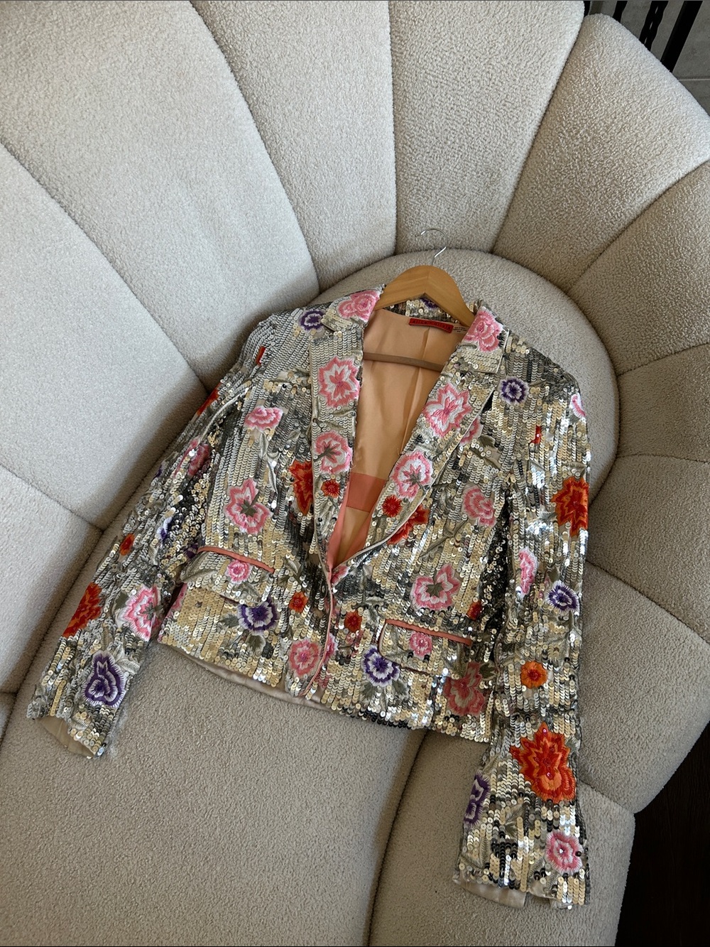Alice + Olivia Silver Sequin Blazer with Pink, Purple & Orange Floral Embroidery